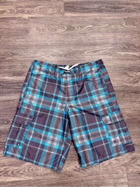 Vintage Airwalk Plaid Board Shorts Mens L Blue Gray Cargo Swim Trunks Y2K